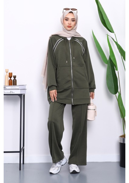 Haki Fermuarlı Tunik Pantolonlu Modal Takım