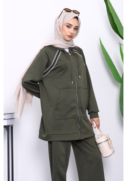 Haki Fermuarlı Tunik Pantolonlu Modal Takım modelleri