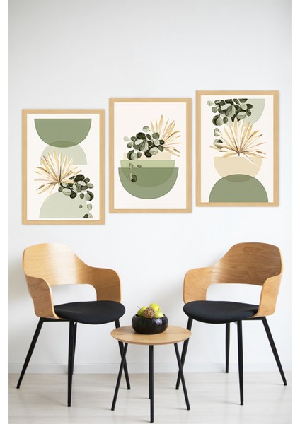 🌿 Yeşil Saksılı Soyut Bitki Kompozisyonu 3'lü Çerçeve Görünümlü Tablo Seti 🌟 CRVS1153 13 x 17 modelleri