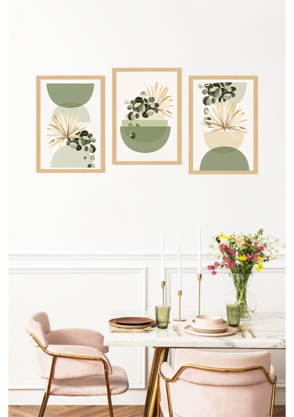 🌿 Yeşil Saksılı Soyut Bitki Kompozisyonu 3'lü Çerçeve Görünümlü Tablo Seti 🌟 CRVS1153 13 x 17 fırsatları