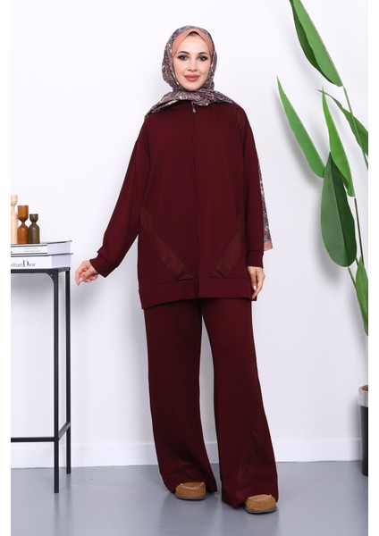 Bordo File Detaylı Fermuarlı Tunik Pantolonlu Takım fiyatları