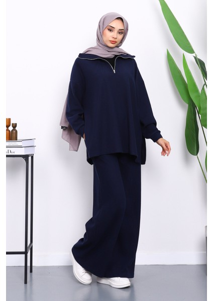 Lacivert Yaka Fermuarlı Tunik Pantolonlu Fitilli Takım fiyatları