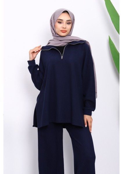 Lacivert Yaka Fermuarlı Tunik Pantolonlu Fitilli Takım modelleri