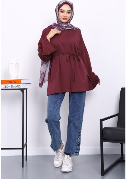Mürdüm Dikiş Detaylı Yanları Yırtmaçlı Sweatshirt fiyatları