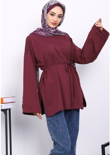 Mürdüm Dikiş Detaylı Yanları Yırtmaçlı Sweatshirt modelleri