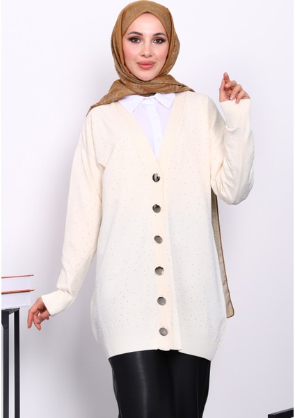 Krem Soğuk İplik Taşlı Triko Hırka