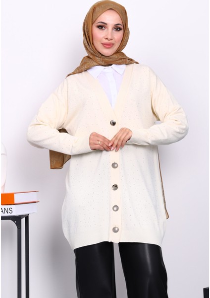 Krem Soğuk İplik Taşlı Triko Hırka modelleri