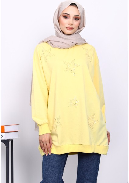 Sarı Bisiklet Yaka Taşlı Modal Sweatshirt