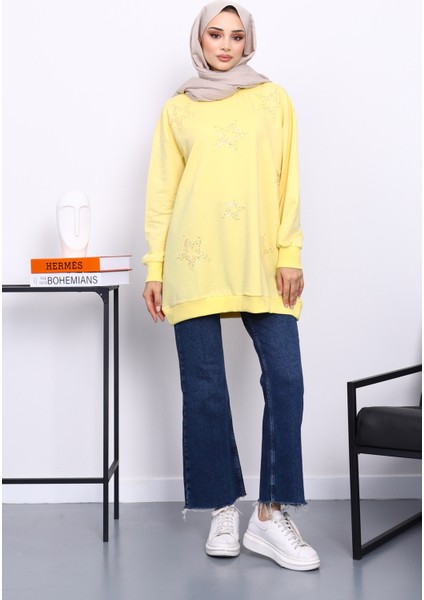 Sarı Bisiklet Yaka Taşlı Modal Sweatshirt fiyatları