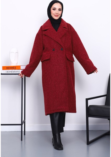 Bordo Kruvaze Yaka Astarlı Kaşe Kaban