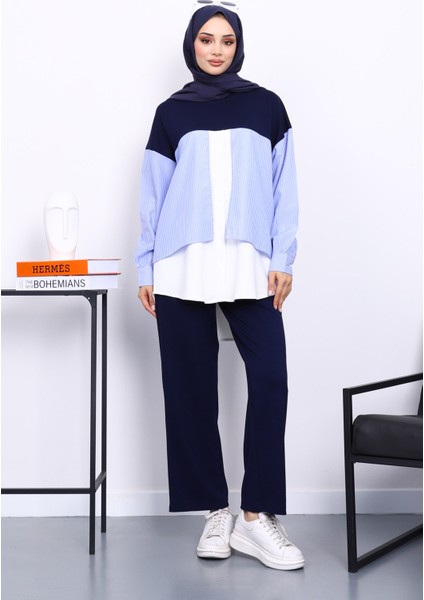 Lacivert Garnili Tunik Pantolonlu Modal Takım