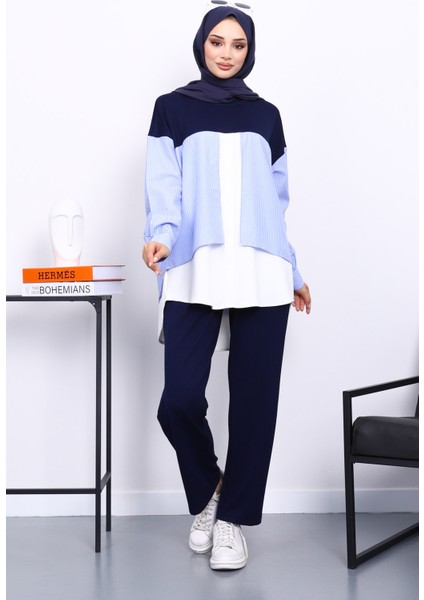 Lacivert Garnili Tunik Pantolonlu Modal Takım modelleri