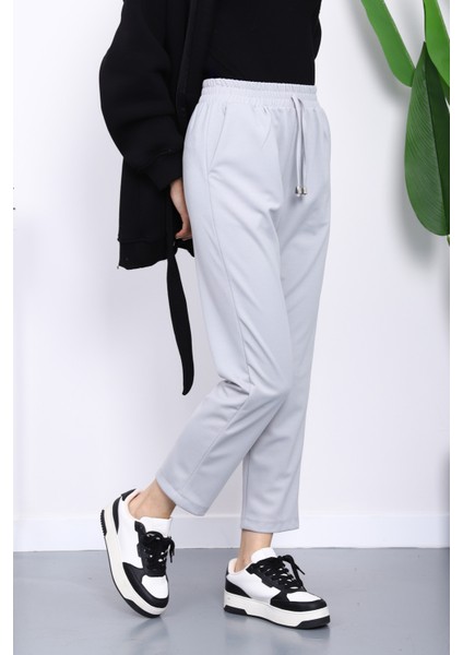 Açık Gri Beli Lastikli Cepli Double Pantolon modelleri