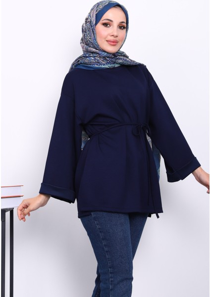 Lacivert Yanları Yırtmaçlı Bel İpli Tunik