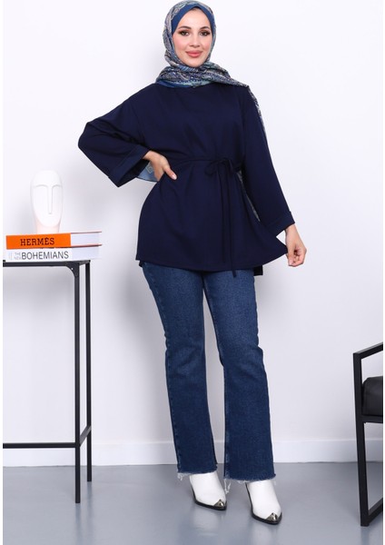 Lacivert Yanları Yırtmaçlı Bel İpli Tunik fiyatları