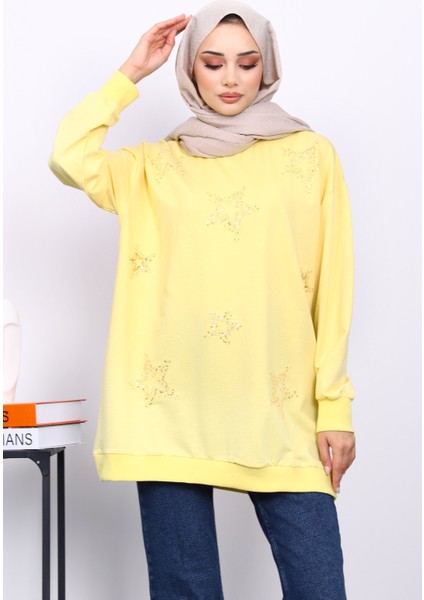 Sarı Bisiklet Yaka Taşlı Modal Sweatshirt modelleri