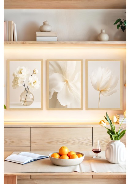 🌿 Beyaz Çiçekler Temalı 3'lü Çerçeve Görünümlü Tablo Seti 🌟 CRVS1149 13 x 17