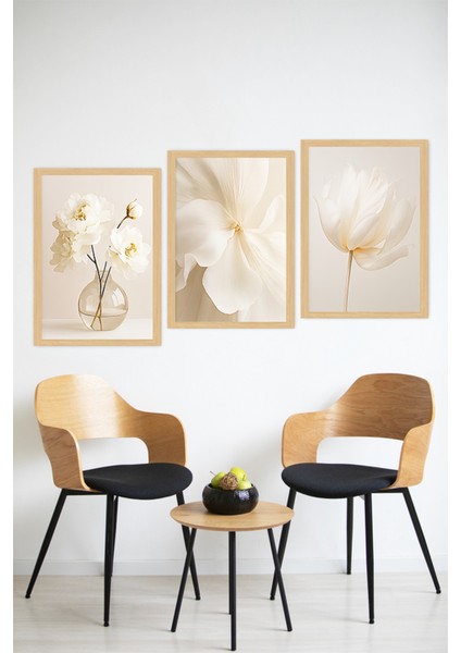 🌿 Beyaz Çiçekler Temalı 3'lü Çerçeve Görünümlü Tablo Seti 🌟 CRVS1149 13 x 17 modelleri