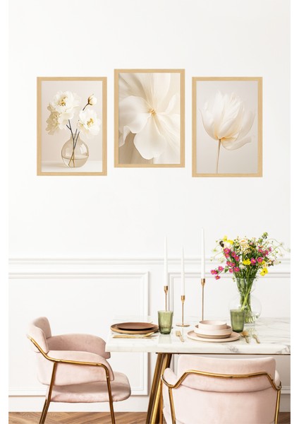 🌿 Beyaz Çiçekler Temalı 3'lü Çerçeve Görünümlü Tablo Seti 🌟 CRVS1149 13 x 17 fırsatları