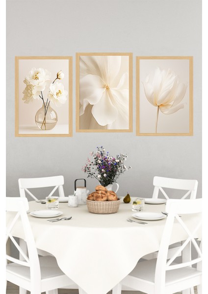 🌿 Beyaz Çiçekler Temalı 3'lü Çerçeve Görünümlü Tablo Seti 🌟 CRVS1149 13 x 17 indirimleri