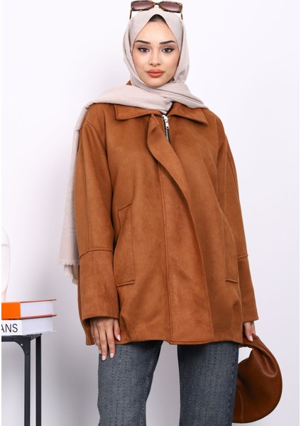 Taba Oversize Fermuarlı Süet Ceket