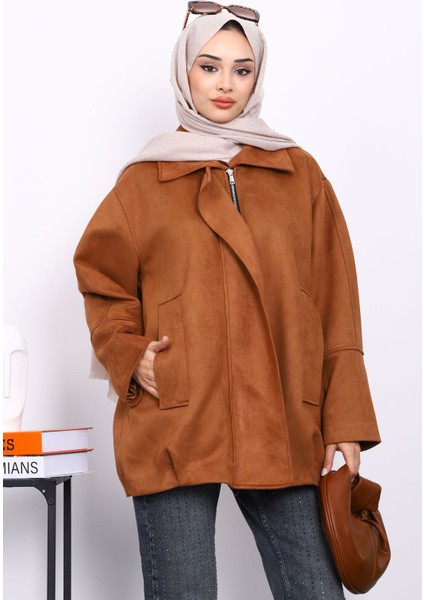 Taba Oversize Fermuarlı Süet Ceket modelleri