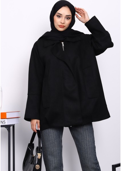 Siyah Oversize Fermuarlı Süet Ceket