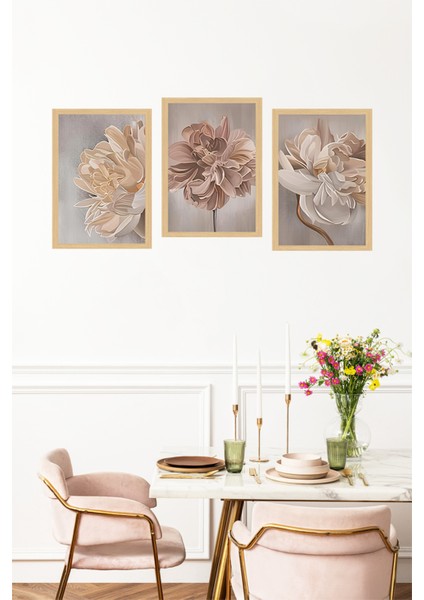 🌸 Gül Kurusu ve Bej Tonlarında Çiçek Temalı Dekoratif Tablo Seti - Çerçeve Görünümlü 🌟 CRVS1148 13 x 17 fırsatları