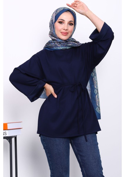 Lacivert Yanları Yırtmaçlı Bel İpli Tunik modelleri