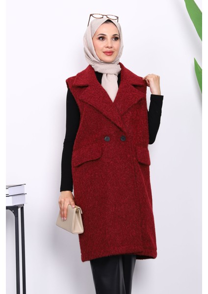 Bordo Kruvaze Yaka Astarlı Kaşe Yelek