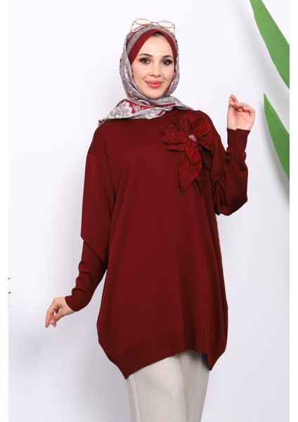 Bordo Soğuk İplik Çiçek Detaylı Triko Tunik