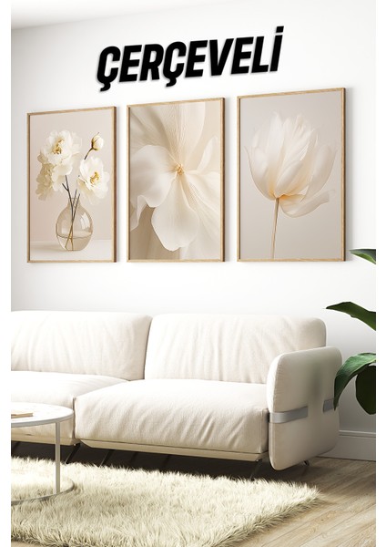 🌼 3'lü Çerçeveli Krem Çiçek Desenli Dekoratif Tablo Seti 🌿 CRV1149 23 x 32
