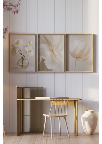 🌼 3'lü Çerçeveli Krem Çiçek Desenli Dekoratif Tablo Seti 🌿 CRV1149 23 x 32 fiyatları