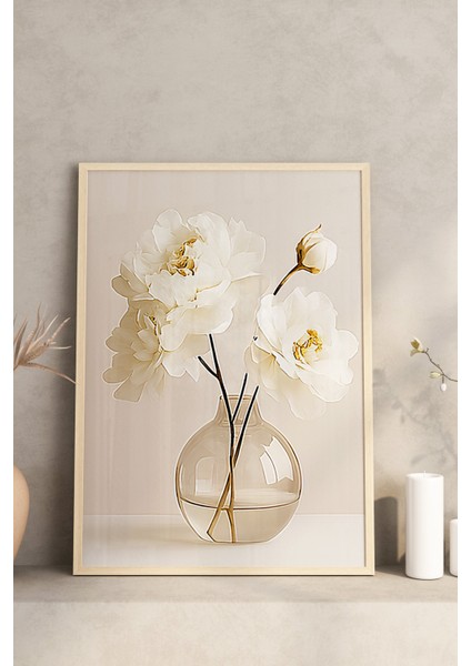 🌼 3'lü Çerçeveli Krem Çiçek Desenli Dekoratif Tablo Seti 🌿 CRV1149 23 x 32 modelleri