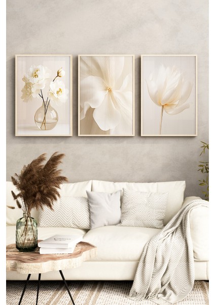 🌼 3'lü Çerçeveli Krem Çiçek Desenli Dekoratif Tablo Seti 🌿 CRV1149 23 x 32 fırsatları
