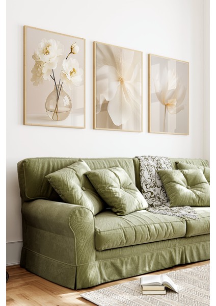🌼 3'lü Çerçeveli Krem Çiçek Desenli Dekoratif Tablo Seti 🌿 CRV1149 23 x 32 indirimleri