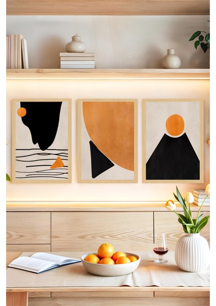 🟧 Geometrik Soyut Sanat Desenli 3’lü Çerçeve Görünümlü Tablo Seti🌟 CRVS1146 13 x 17