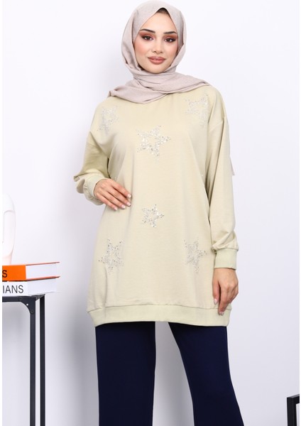 Olive Bisiklet Yaka Taşlı Modal Sweatshirt