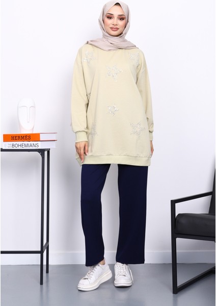 Olive Bisiklet Yaka Taşlı Modal Sweatshirt fiyatları