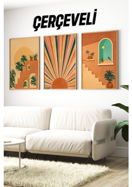🧡 3’lü Çerçeveli Mimari Güneş ve Bitki Temalı Dekoratif Tablo Seti🌿 CRV1150 23 x 32