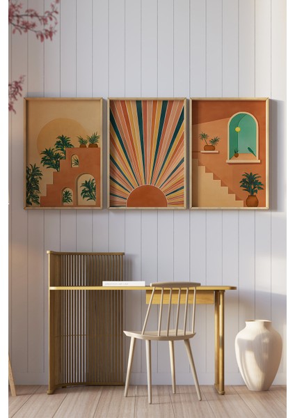 🧡 3’lü Çerçeveli Mimari Güneş ve Bitki Temalı Dekoratif Tablo Seti🌿 CRV1150 23 x 32 fiyatları