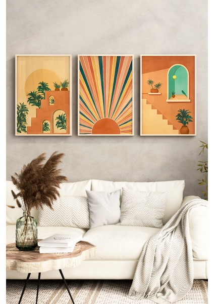 🧡 3’lü Çerçeveli Mimari Güneş ve Bitki Temalı Dekoratif Tablo Seti🌿 CRV1150 23 x 32 fırsatları