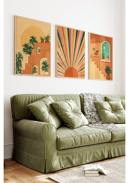 🧡 3’lü Çerçeveli Mimari Güneş ve Bitki Temalı Dekoratif Tablo Seti🌿 CRV1150 23 x 32 indirimleri