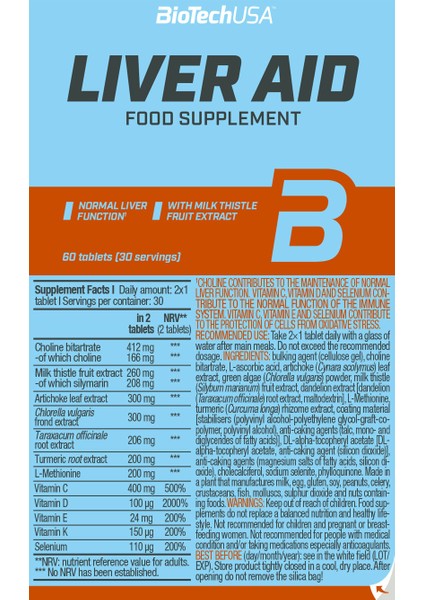 Bıotech Liver Aid (Turmeric Root + Milk Thistle + Choline Bitartrate + Vitamin C + Vitamin D) 60 Tab fiyatları