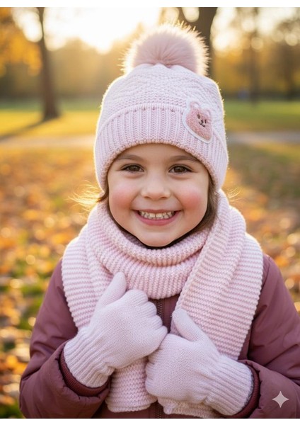 Kız Çocuk Ayıcık Desenli Içi Astarlı Ponponlu Bere Eldiven ve Atkı Takımı 3lü Set ( 1-4 Yaş )