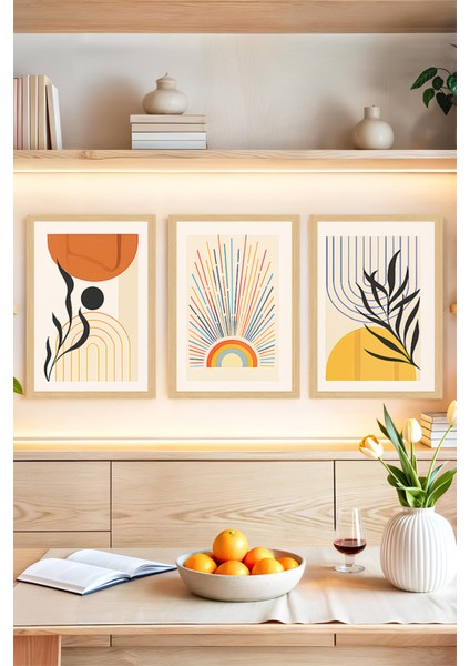 🌈 Modern Soyut Güneş ve Bitki Temalı 3’lü Çerçeve Görünümlü Tablo Seti 🌿🖼️🌟 CRVS1163 13 x 17