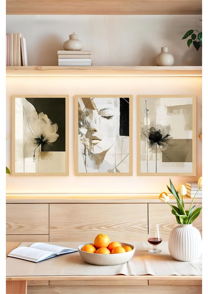 🎨 Sanatsal Dokunuşlarla Evinizi Taçlandırın – Soyut Yüz ve Çiçek Temalı 3’lü Tablo Seti🌟 CRVS1167 13 x 17