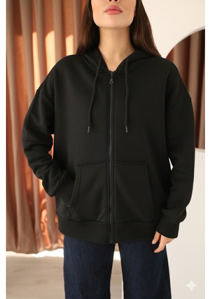 Siyah Oversize Içi Polar ve Fermuar Detaylı Kapüşonlu Kadın Sweatshirt