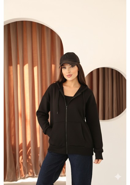 Siyah Oversize Içi Polar ve Fermuar Detaylı Kapüşonlu Kadın Sweatshirt modelleri