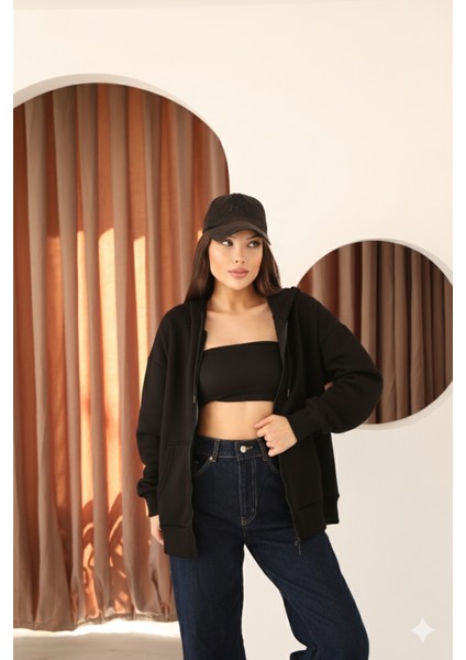 Siyah Oversize Içi Polar ve Fermuar Detaylı Kapüşonlu Kadın Sweatshirt fırsatları